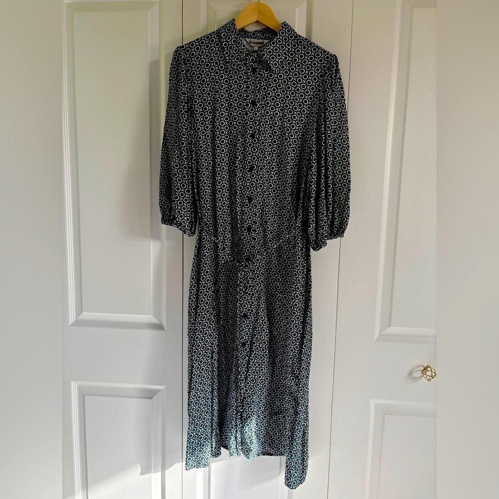 Elegant Green and White Shirt Work Dress- Large